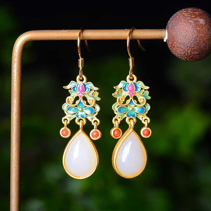 925 Silver Inlaid Hetian Jade Cabochon and Enamel Teardrop Earrings