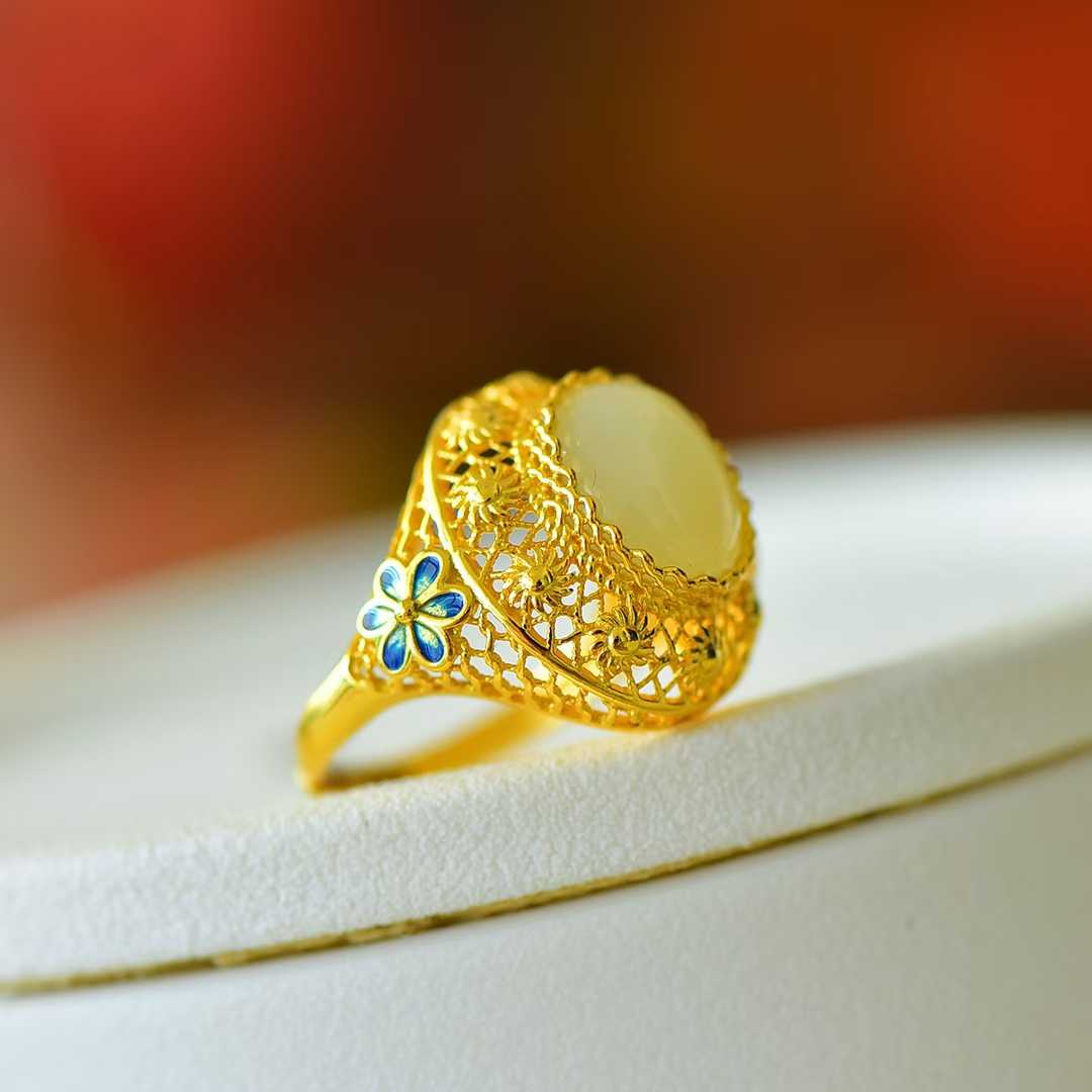 925 Silver Inlaid Nephrite "All the Way Blossoming" Ring