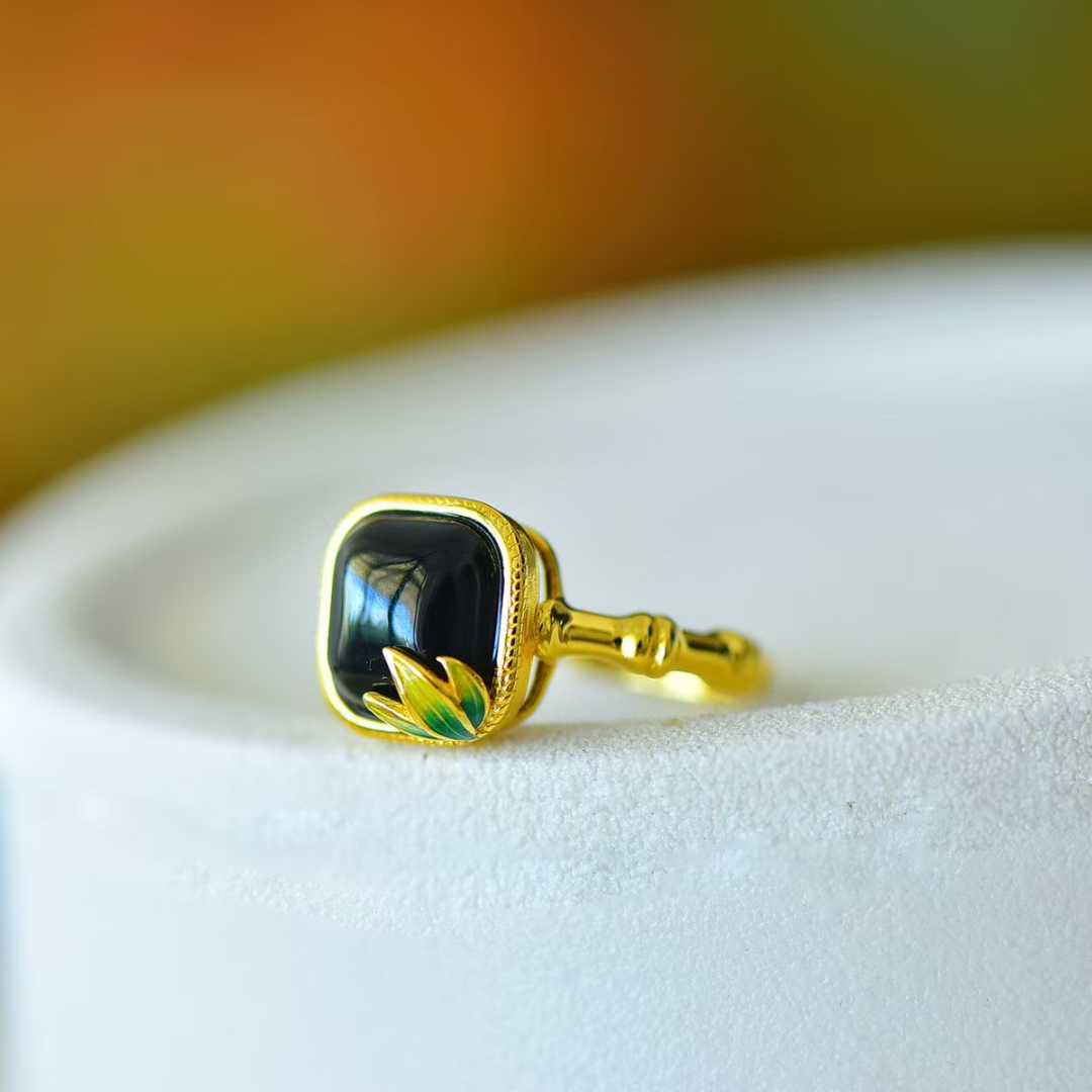 S925 Silver & Hetian Black Nephrite "Small Square Sugar" with Bamboo Joint Ring
