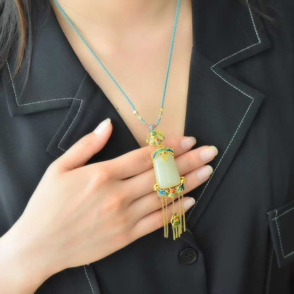 925 Silver Inlaid Hetian Nephrite "Endless Blessings & Tassel" Pendant