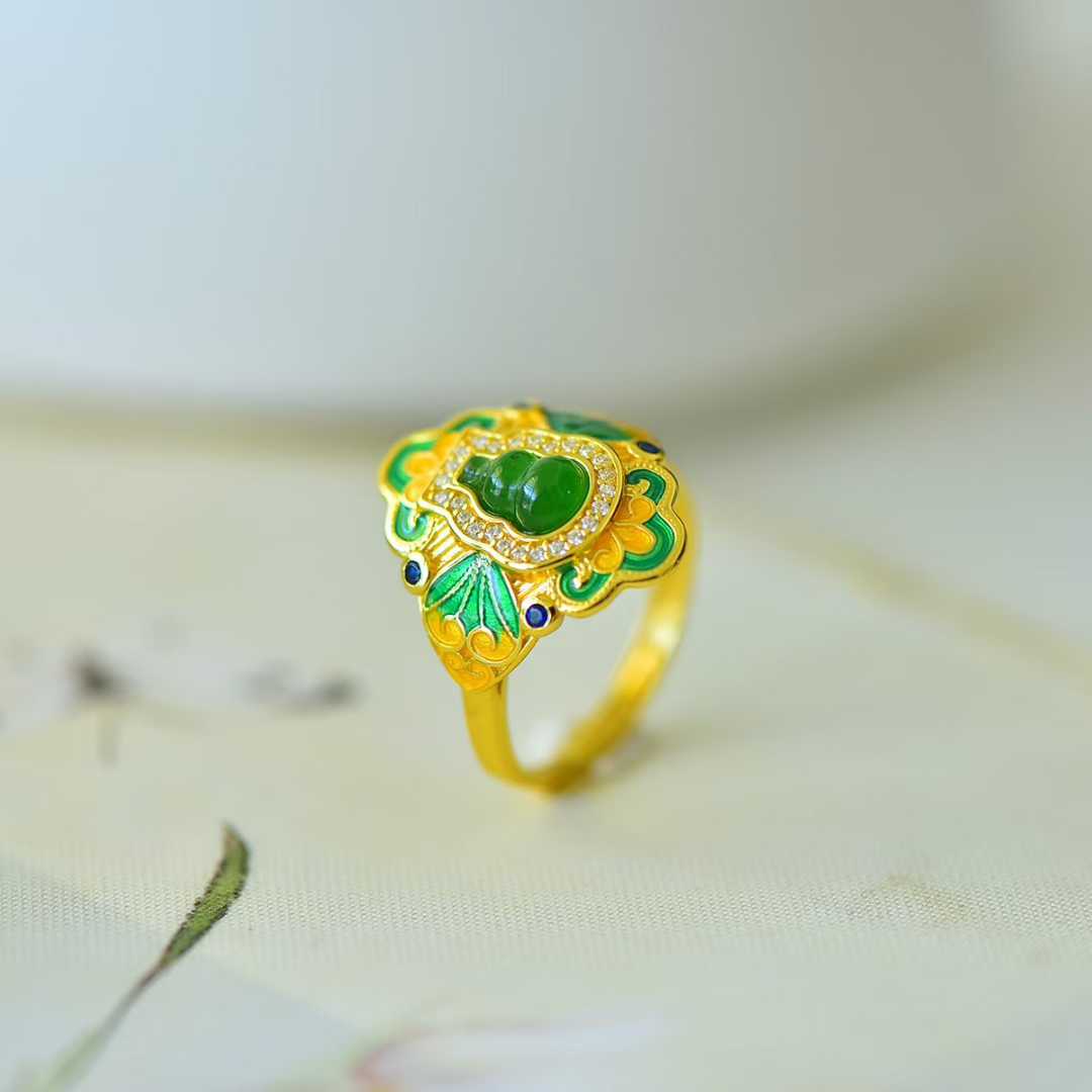 925 Silver Inlaid Hetian Nephrite Gourd "Fortune & Blessing" Ring