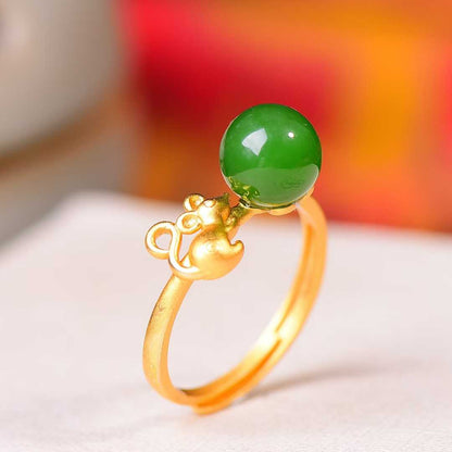 925 Silver Inlaid Nephrite Green Jade Cabochon Plain Silver Ring