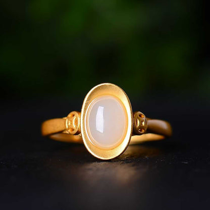 925 Silver Inlaid Hetian Jade Yuanbao Ring