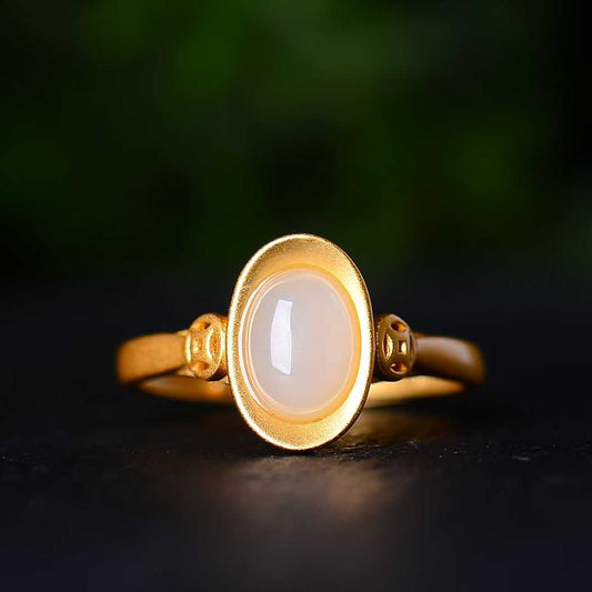 925 Silver Inlaid Hetian Jade Yuanbao Ring
