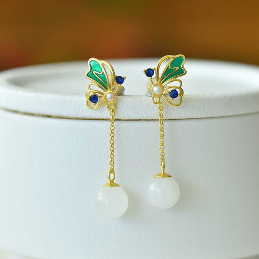 925 Silver Inlaid Nephrite "Butterflies in Flight" Stud Earrings