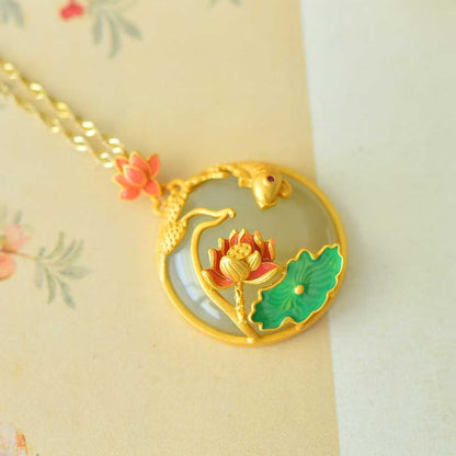 925 Silver Inlaid Hetian Nephrite Smoky Gray Cabochon "Lotus & Abundant Surplus" Pendant