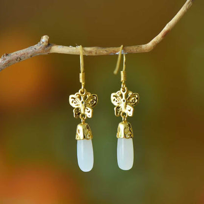 925 Silver Inlaid Hetian Nephrite Long Drop Butterfly Earrings