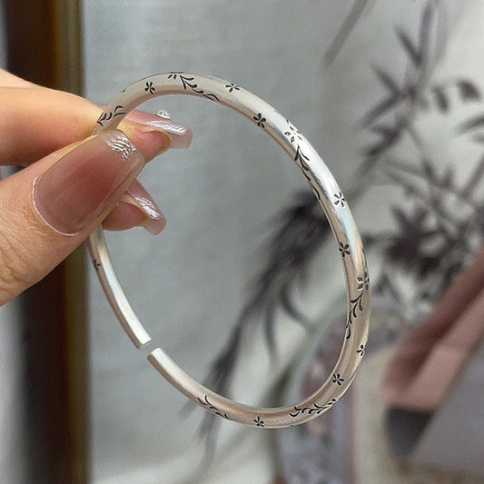 Nueva pulsera de plata de ley con forma de palo redondo con hojas y flores de coche antiguo de estilo chino