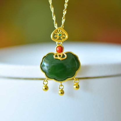 925 Silver Inlaid Hetian Spinach Green Nephrite Ruyi Lock Pendant (with Silver Chain)