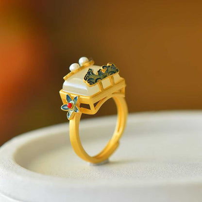 925 Silver Inlaid White Hetian Nephrite "Square Auspicious Clouds & Radiance" Enamel Ring