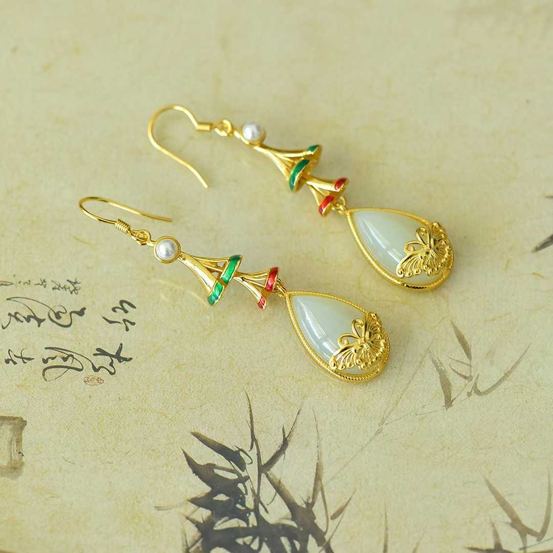 925 Silver Inlaid Nephrite "Dream Butterfly" Teardrop Earrings