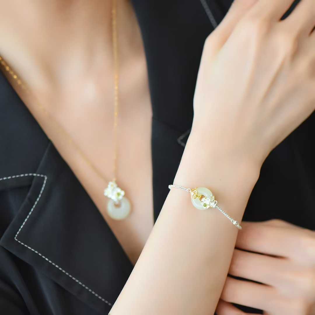 925 Silver Inlaid Hetian Nephrite "January Plum Blossom (Twelve Flower Gods)" Jewelry Set