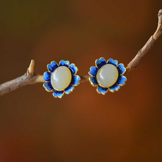 925 Silver Inlaid Nephrite "Whisper of Blue Flowers" Stud Earrings