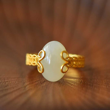 925 Silver Inlaid White Hetian Nephrite "Auspicious Copper Coin" Ring