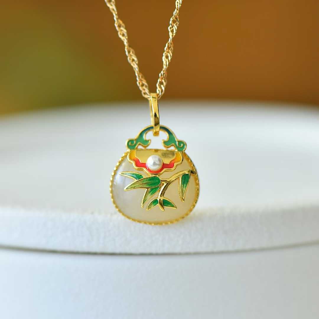 925 Silver Inlaid Nephrite "Bamboo Reports Safety" Bag Charm