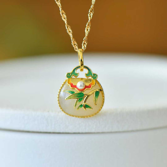 925 Silver Inlaid Nephrite "Bamboo Reports Safety" Bag Charm