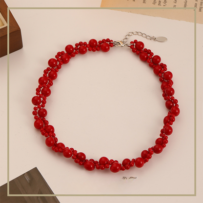 Collar de cuentas rojas trenzadas de doble capa estilo chino retro