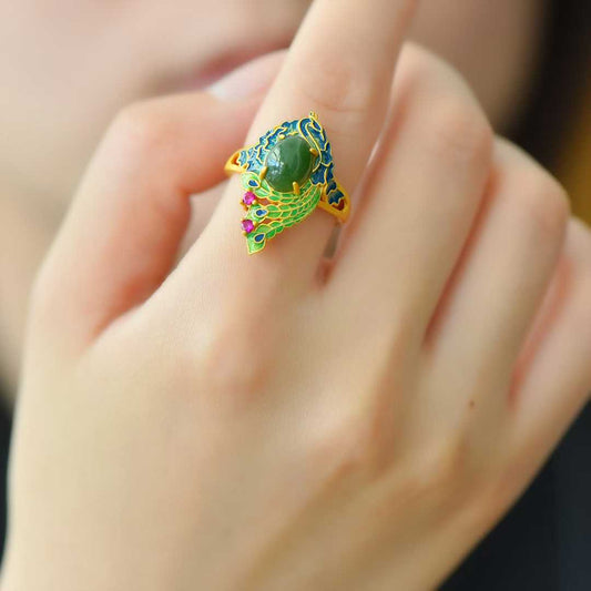 925 Silver Inlaid Hetian Spinach Green Nephrite Cabochon Peacock Enamel Ring