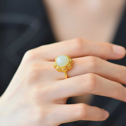 925 Silver Inlaid Hetian Nephrite "Round Drum & Plain Silver Hollow-Out" Ring