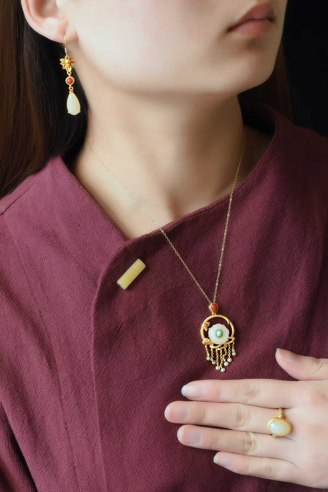 925 Silver Inlaid Hetian Jade and Enamel Set