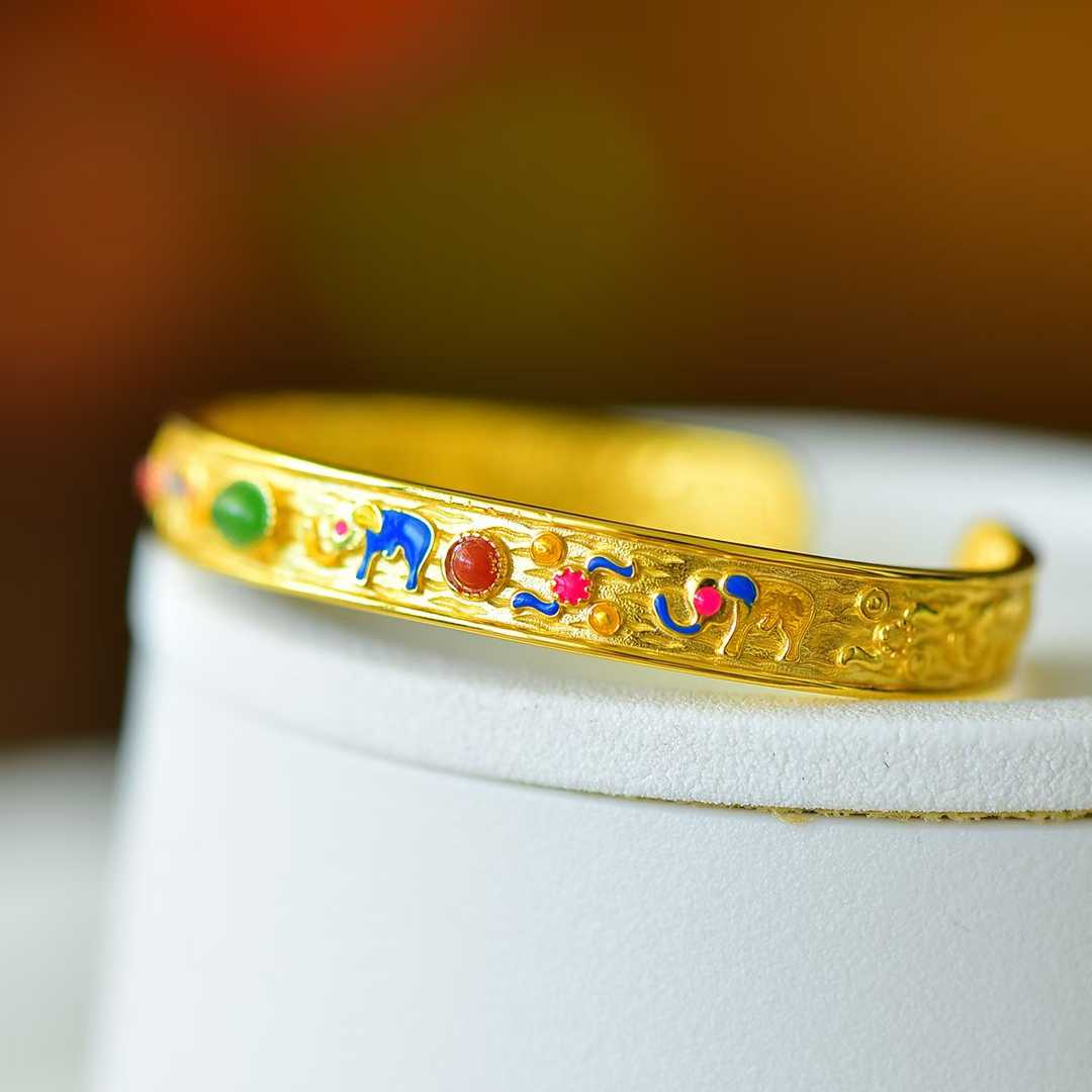 925 Silver Inlaid Hetian Jadeite (Jasper) "Auspicious Elephant & Ruyi" Bracelet