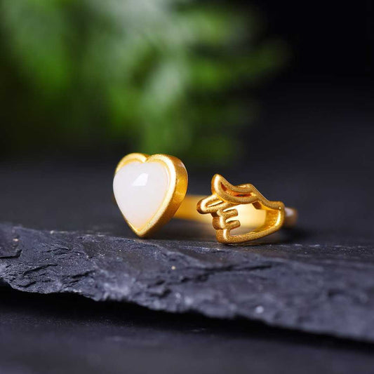 925 Silver Inlaid Nephrite Heart-Shaped Thick Matte Gold Set