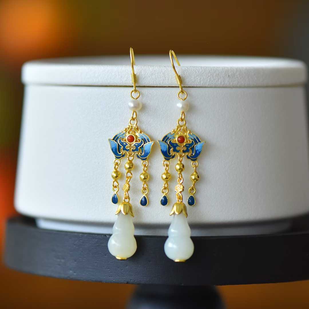 925 Silver Inlaid Hetian Nephrite "Gourd: Fortune & Blessing" Tassel Earrings
