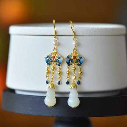 925 Silver Inlaid Hetian Nephrite "Gourd: Fortune & Blessing" Tassel Earrings