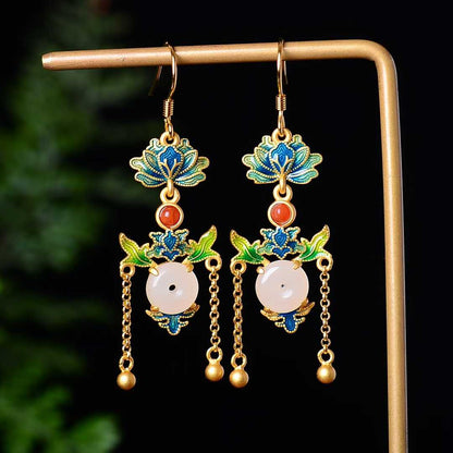 925 Silver Inlaid Nephrite Ping'an Buckle Enamel Earrings