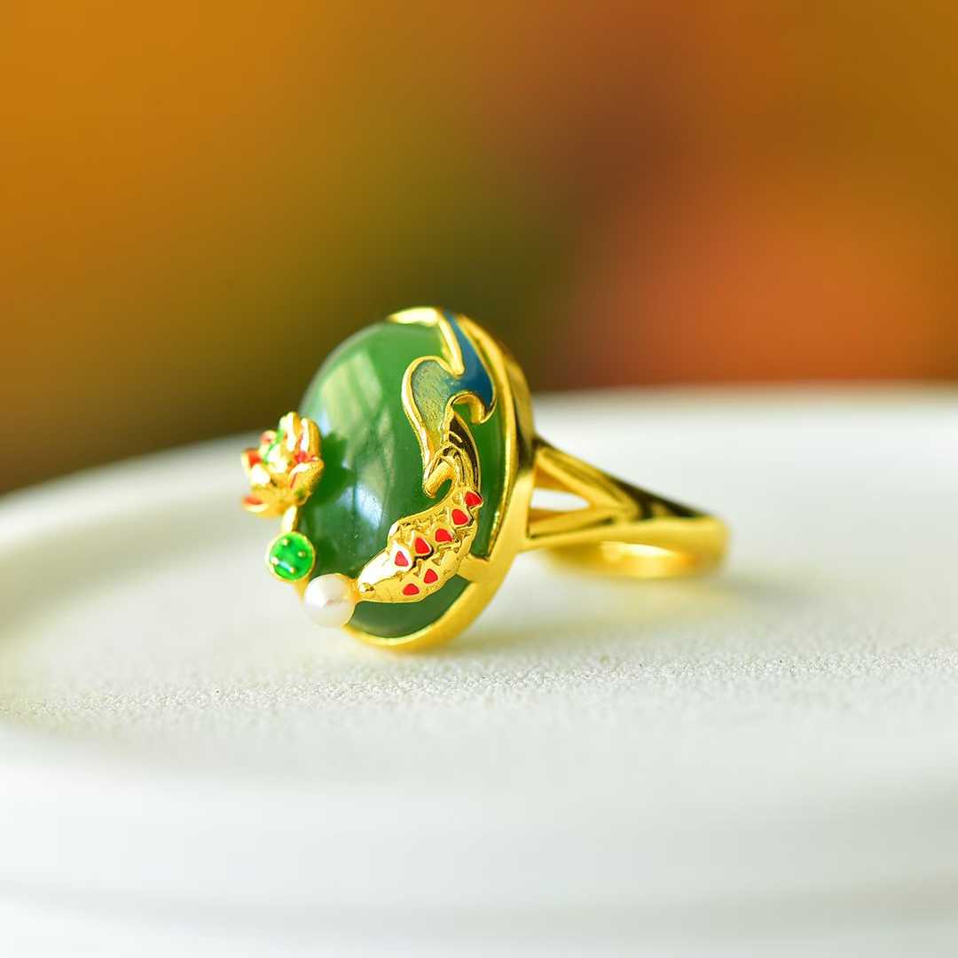 925 Silver Inlaid Hetian Spinach Green Nephrite "Abundance Every Year" Fish Ring