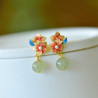 925 Silver Inlaid Hetian Nephrite "Ethereal Peach Blossom" Earrings