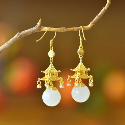 S925 Silver Inlaid Nephrite "Palace of Jade" Palace Lantern Earrings