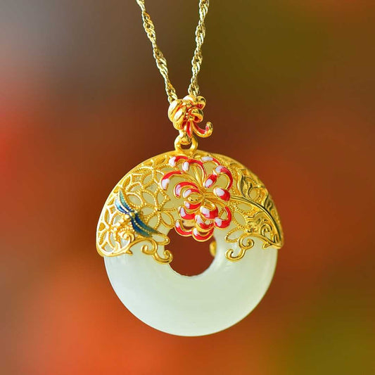 925 Silver Inlaid Nephrite "Peony Filigree Peace Ring" Pendant