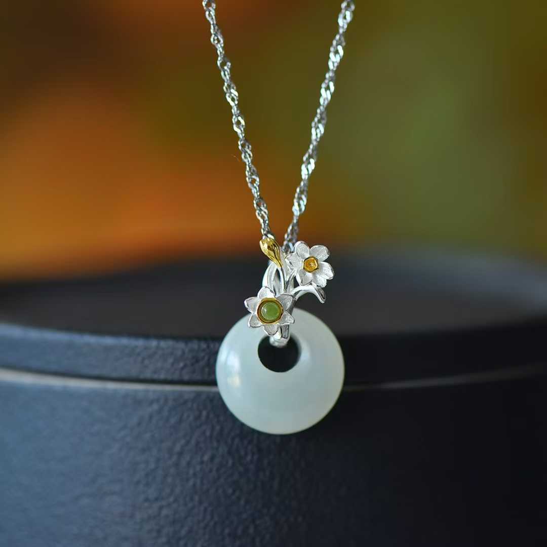 925 Silver Inlaid Hetian Nephrite "December Daffodil (Twelve Flower Gods)" Jewelry Set