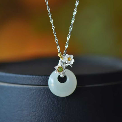 925 Silver Inlaid Hetian Nephrite "December Daffodil (Twelve Flower Gods)" Jewelry Set