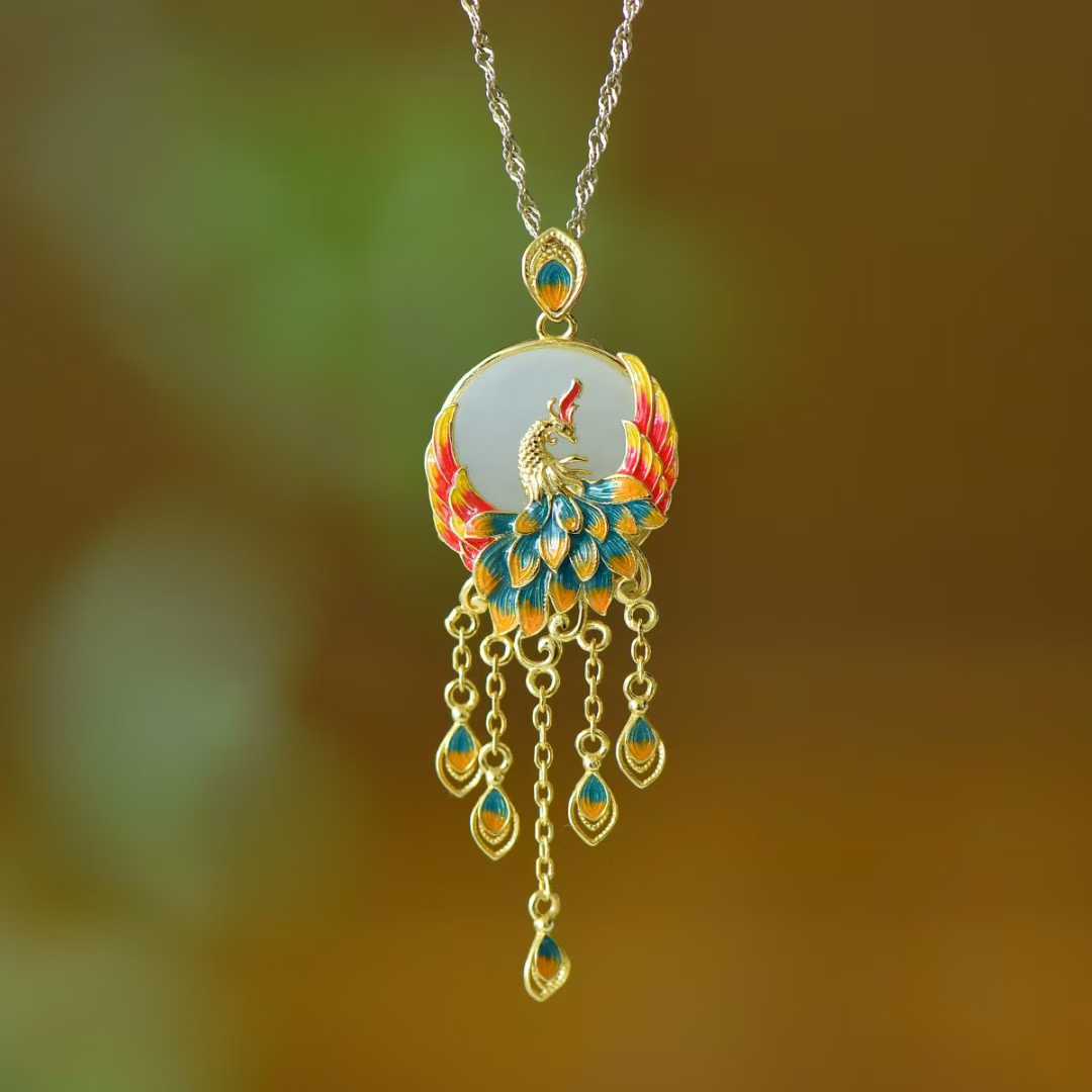 925 Silver Inlaid White Hetian Nephrite "Phoenix Nirvana" Tassel Pendant