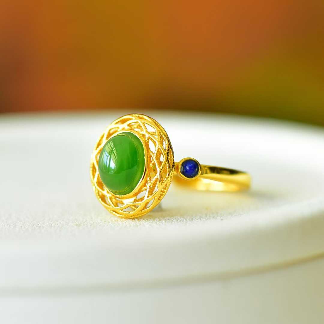925 Silver Inlaid Hetian Spinach Green Nephrite Filigree-Wrapped Ring