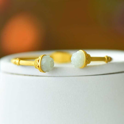 925 Silver Inlaid Hetian Nephrite "Small Lotus & Endless Luck" Bracelet