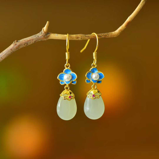 925 Silver Inlaid White Hetian Nephrite "Golden Breeze & Jade Dew" Orchid Stud Earrings