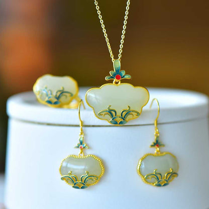S925 Silver Inlaid Hetian Nephrite "Orchid & Grass Ruyi Lock" Jewelry Set