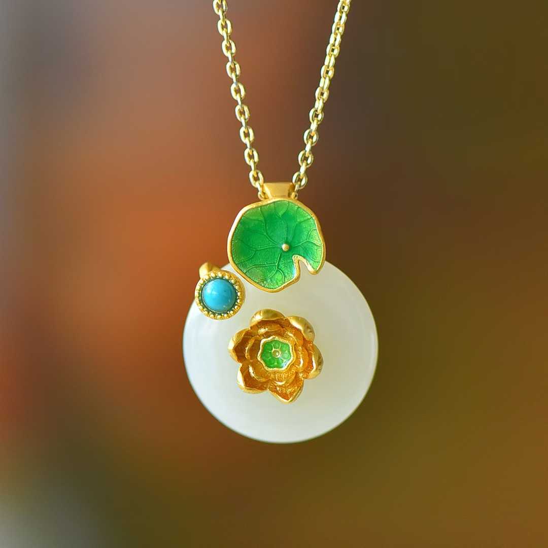 S925 Silver Inlaid Hetian Nephrite "Lotus Steps" Jewelry Set