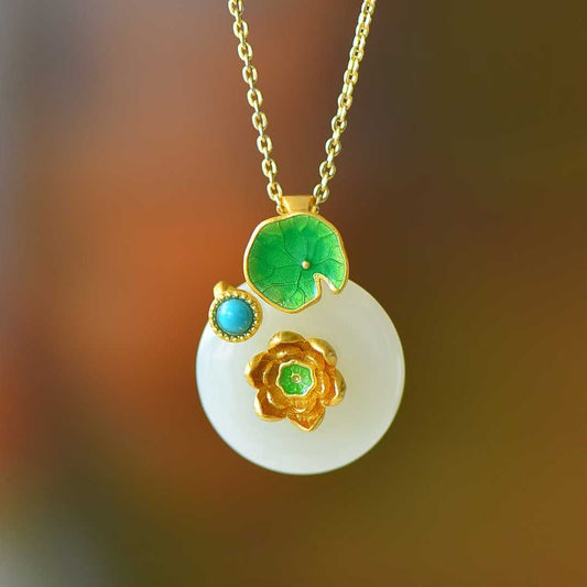 S925 Silver Inlaid Hetian Nephrite "Lotus Steps" Jewelry Set