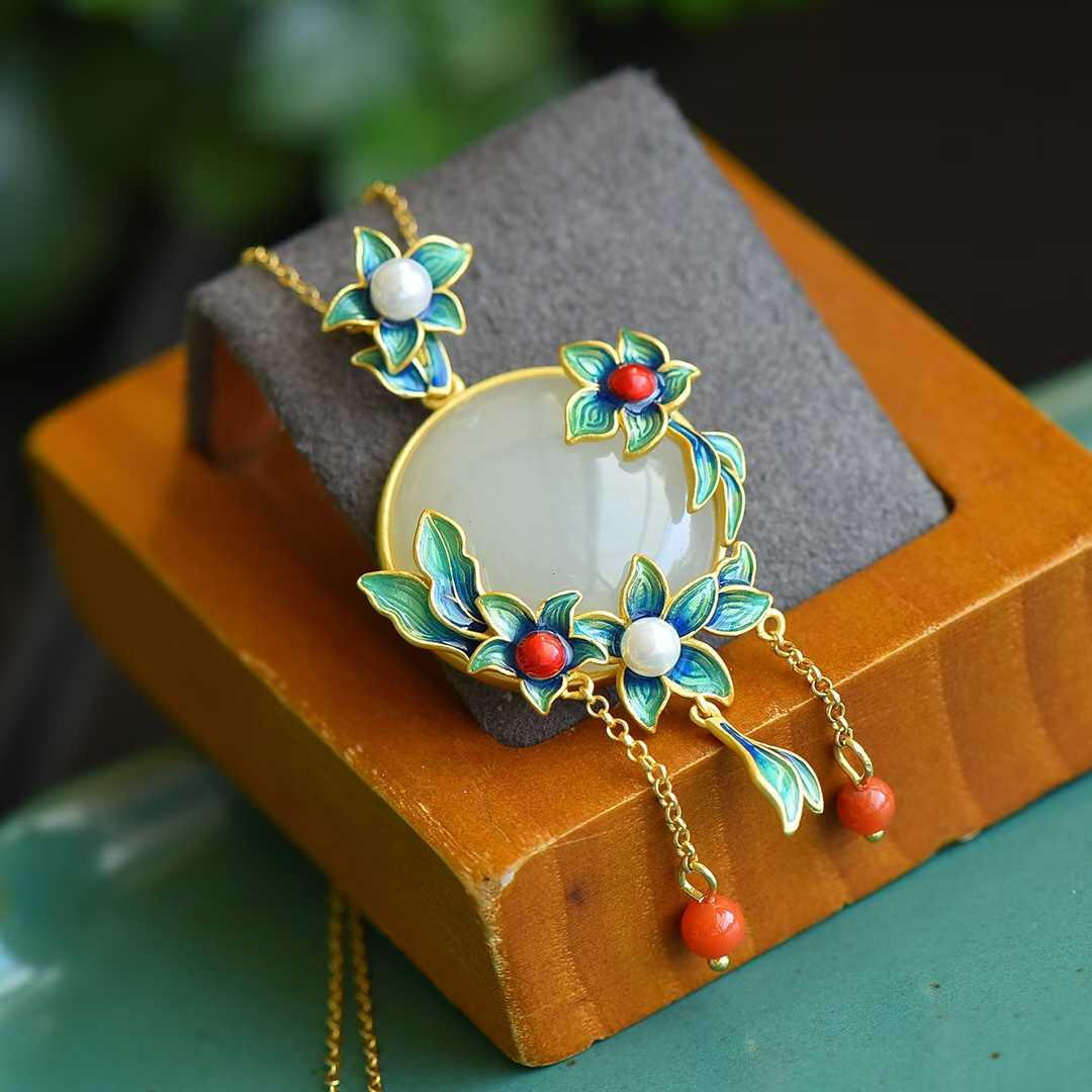 S925 Silver Inlaid Hetian Nephrite "Golden Orchid" Pendant