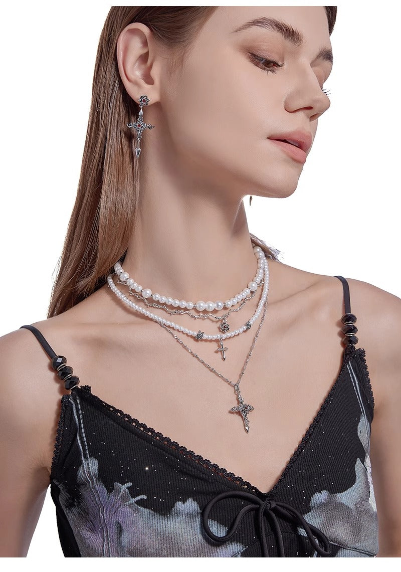 Baroque pearl cross necklace with layered chains