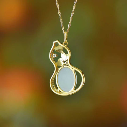 925 Silver Inlaid Hetian Nephrite "Butterfly Loves Flower & Gourd" Pendant