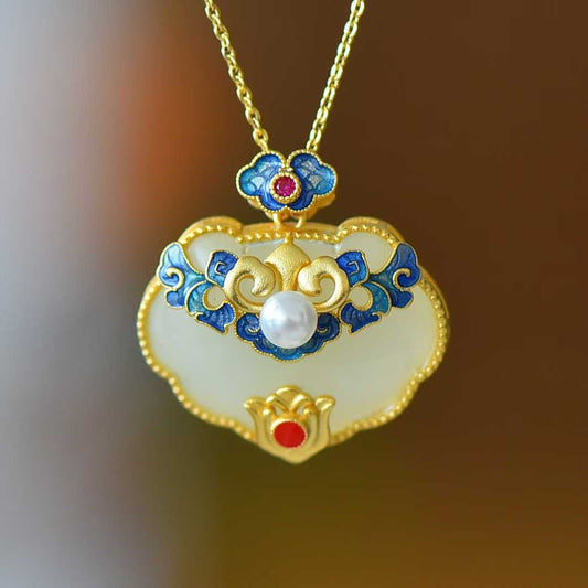 925 Silver Inlaid Hetian Nephrite "Ruyi & Hundred Blessings" Pendant