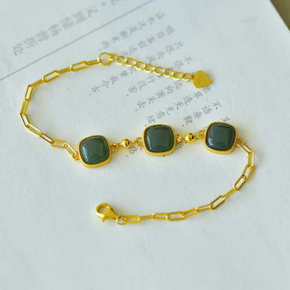 925 Silver Inlaid Hetian Green Nephrite Bracelet