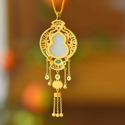925 Silver Inlaid Nephrite "Gourd" Vintage Pendant for Adding Blessings and Good Fortune