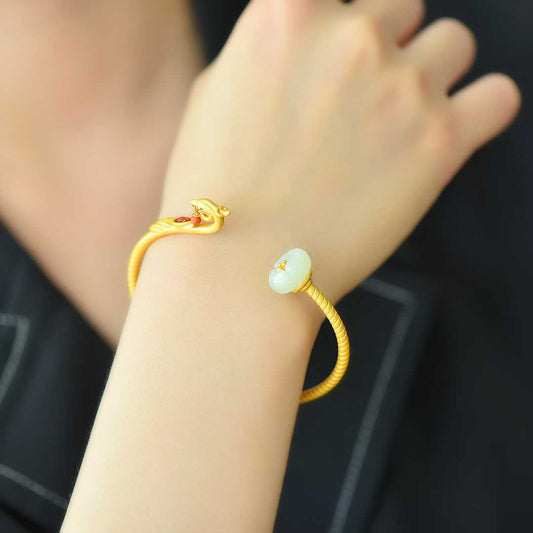 925 Silver Inlaid Hetian Nephrite "Lotus & Phoenix Arrival" Bracelet