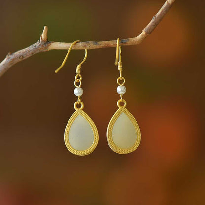 925 Silver Inlaid Nephrite "Koi Fish Coming Ashore" Teardrop Earrings